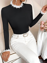 Contrast Lace Trim Pearls Beaded Ribbed Knit Tee